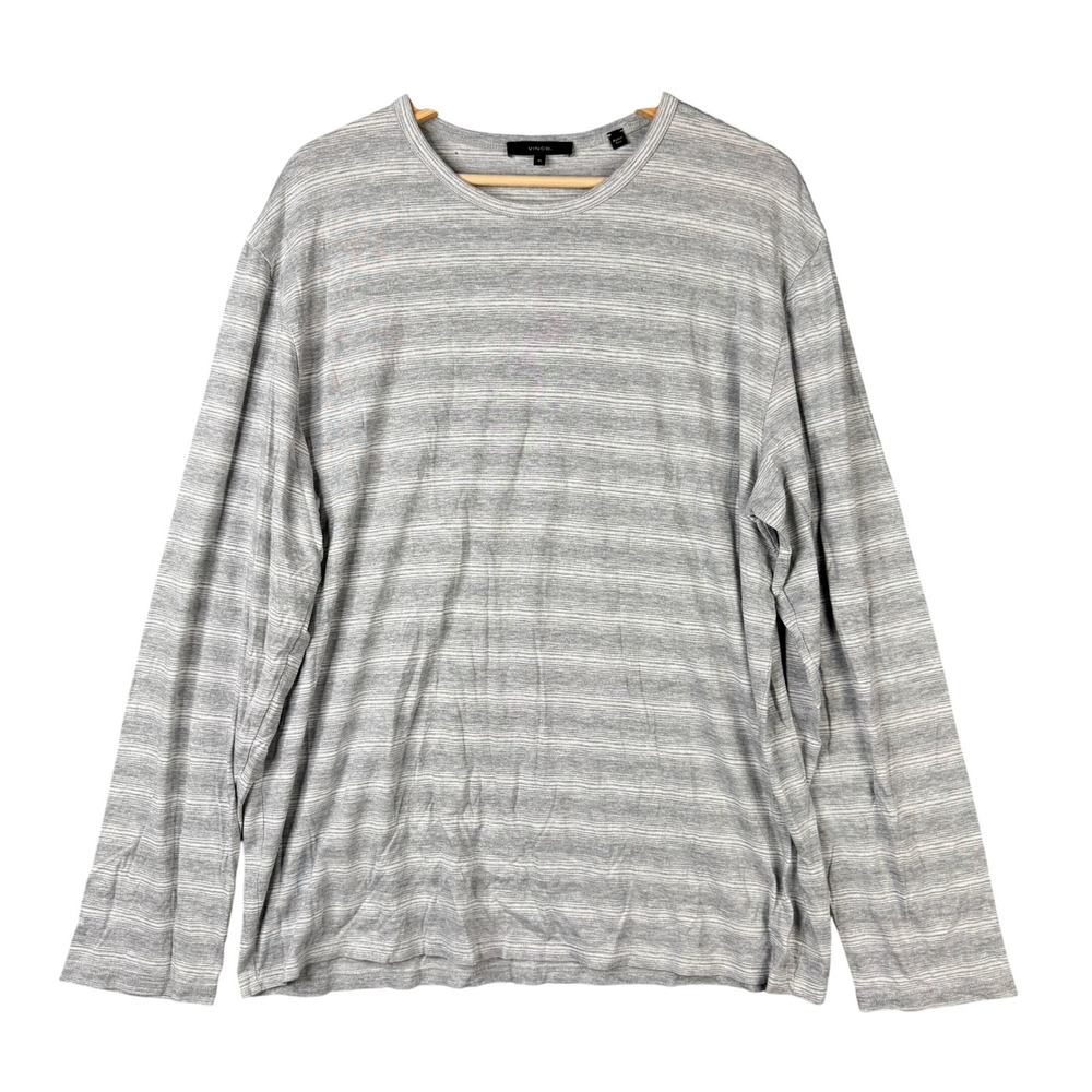 Vince Mens XL Grey White Striped Cotton Modal Long Sleeve Crew Neck Shirt